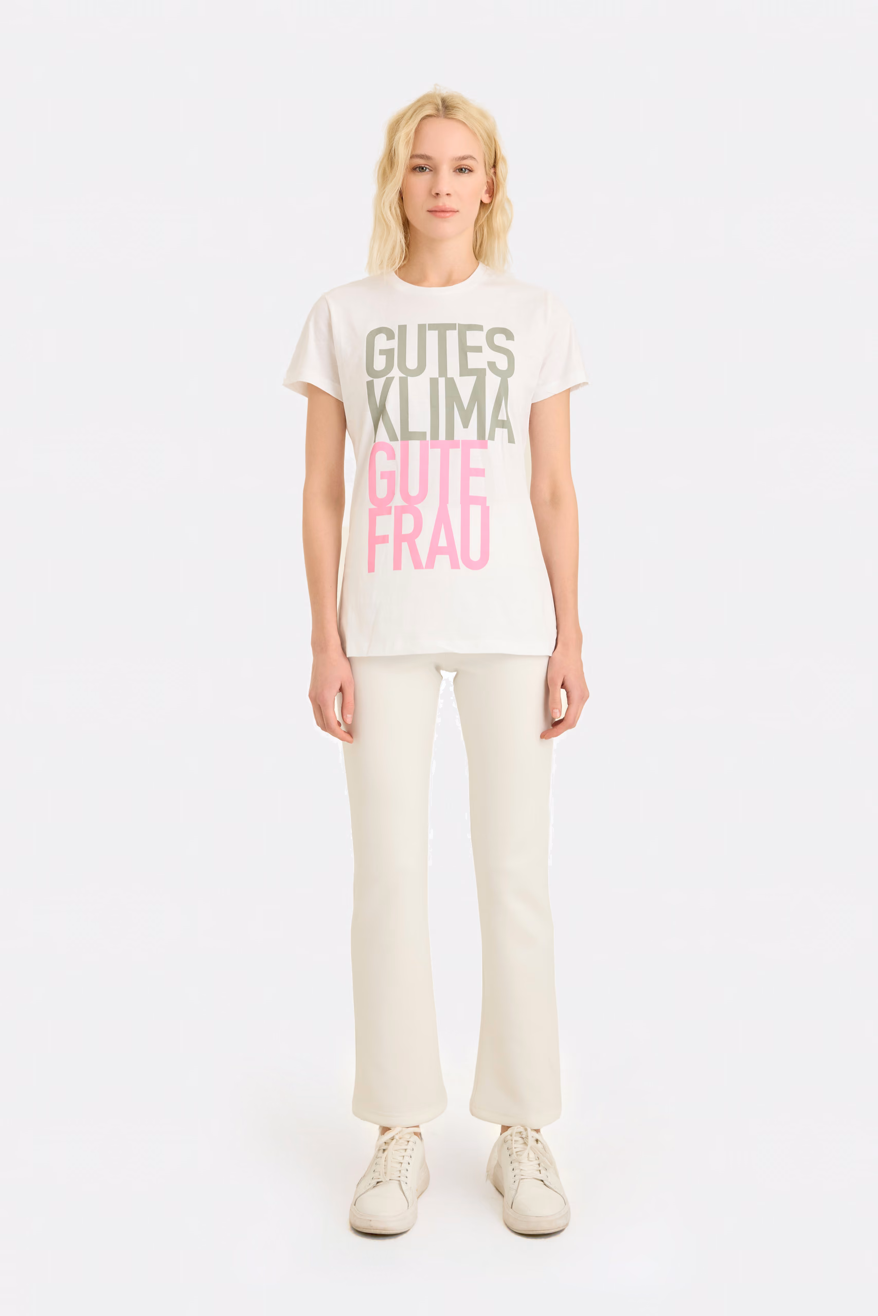 T-shirt bianca da donna con slogan stampato rosa