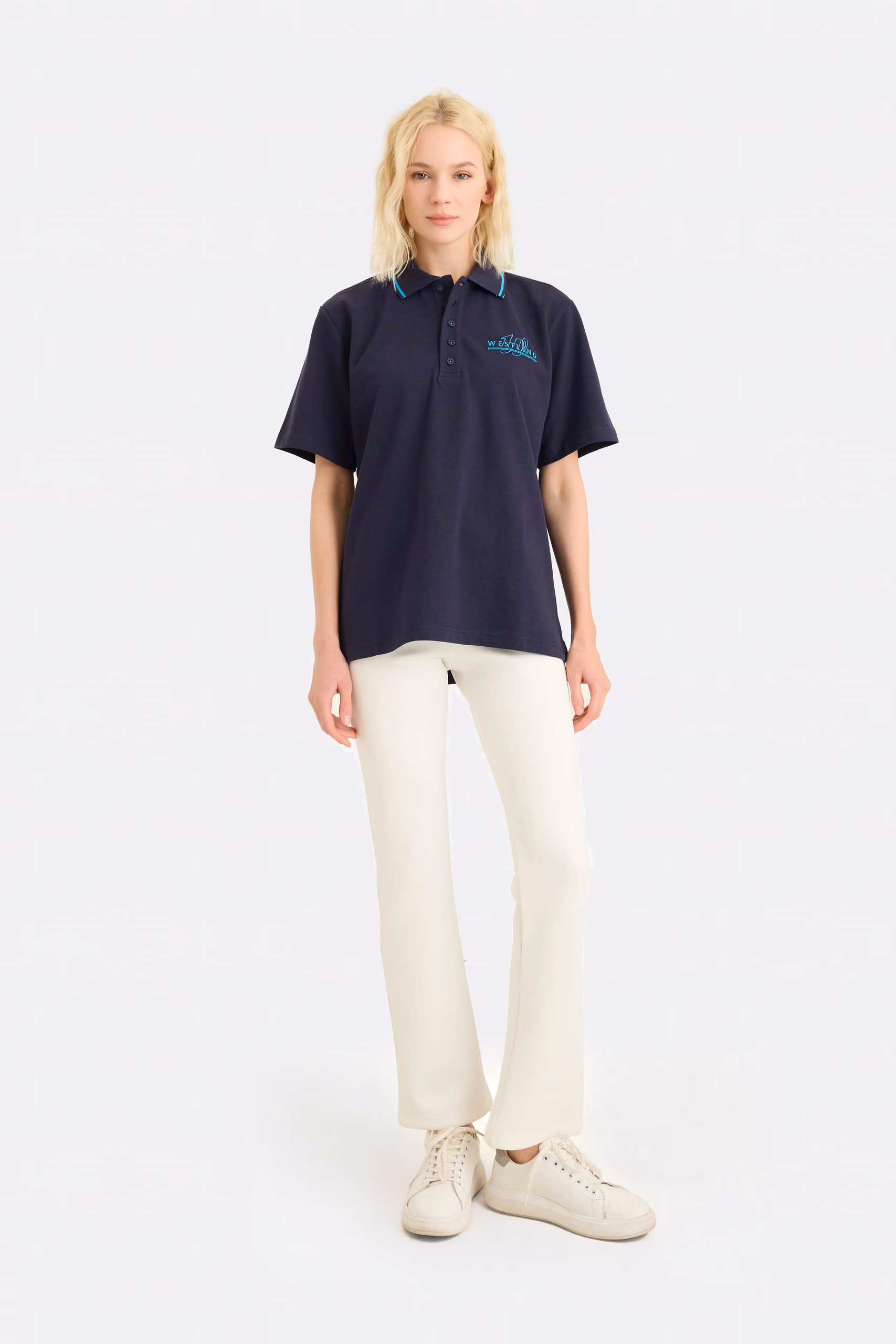 Marineblaues Damen-Piqué-Poloshirt mit Kontrastkante