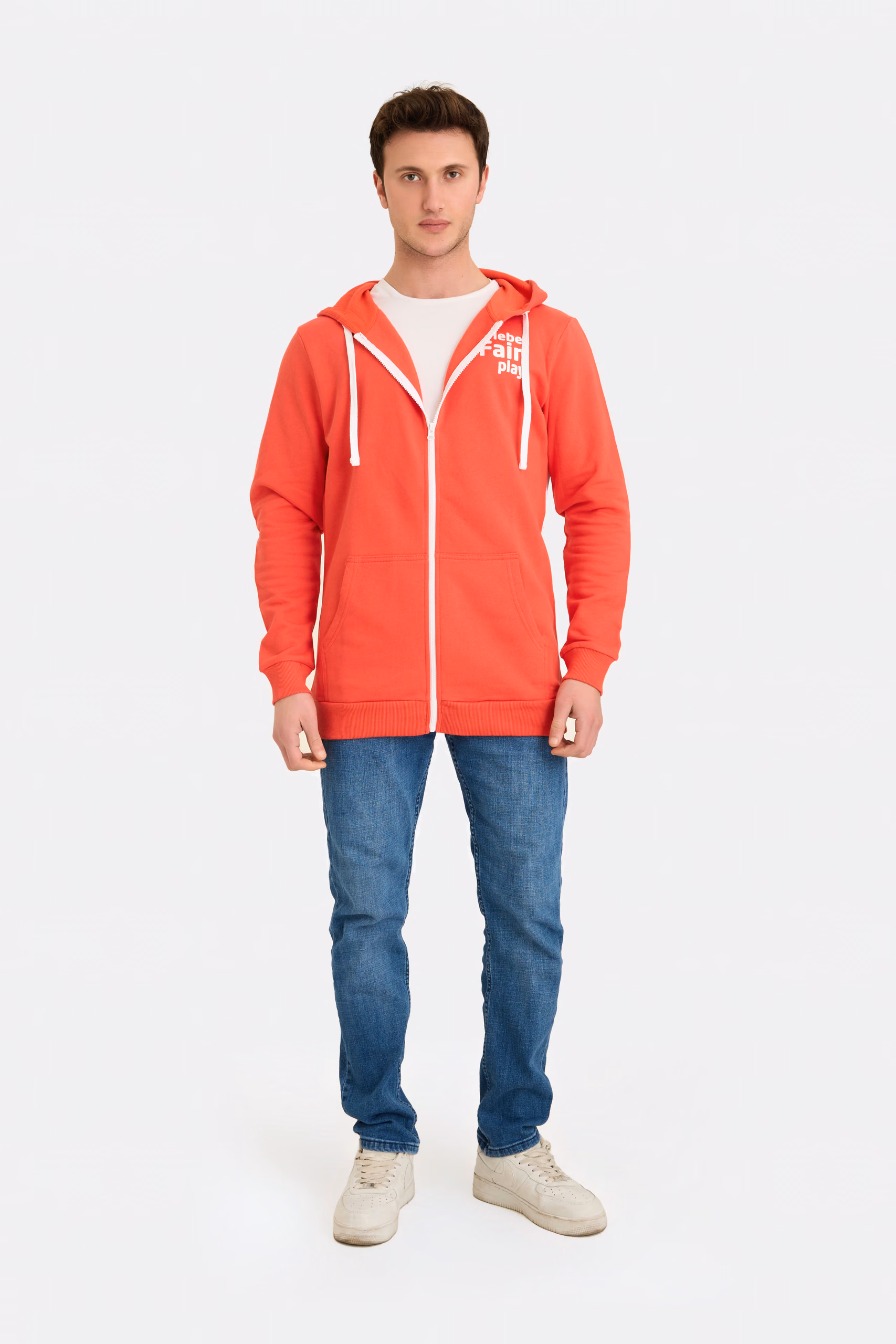 Roter Hoodie mit durchgehendem Reißverschluss – gedruckter Slogan