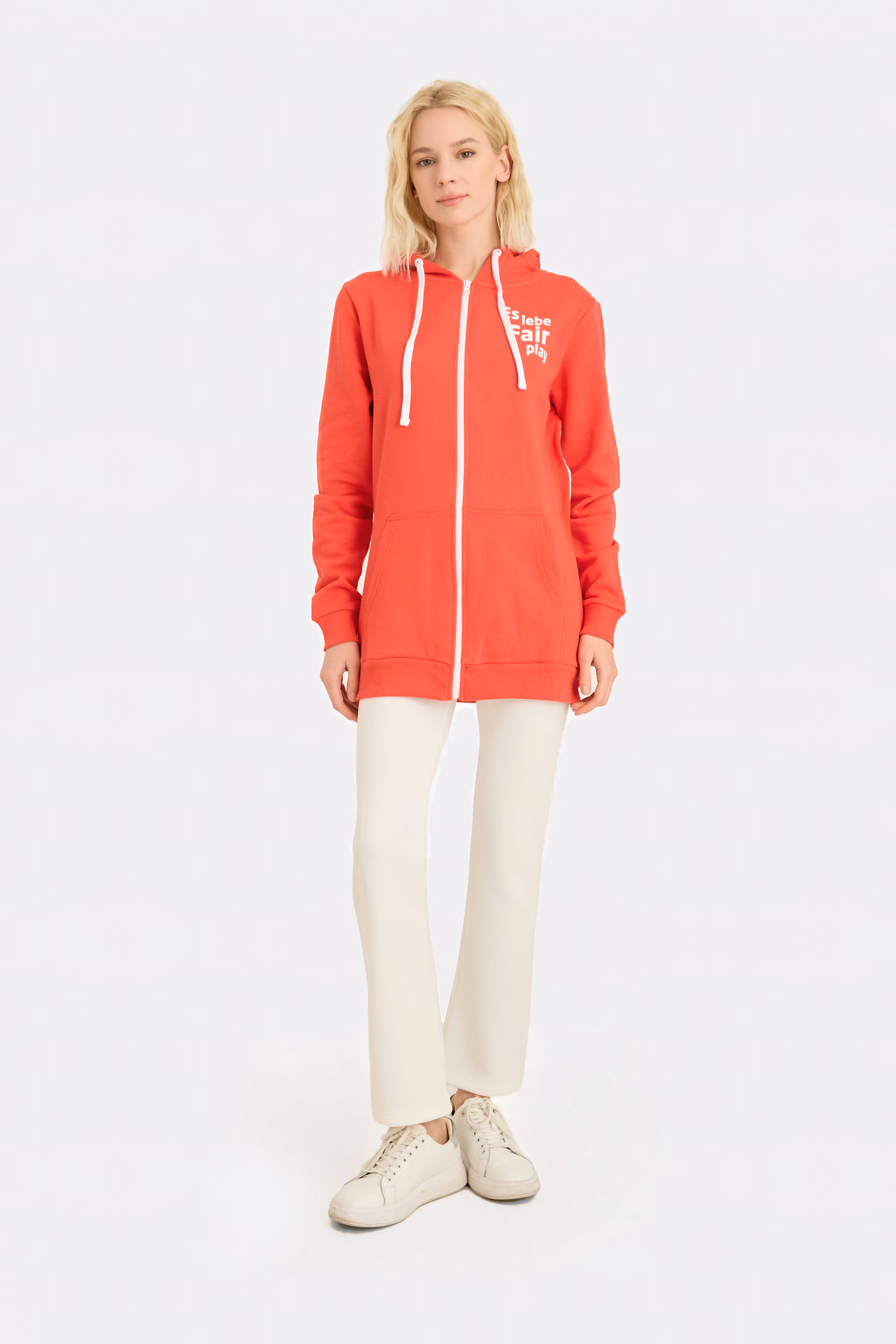 Roter Damen-Hoodie mit durchgehendem Reißverschluss – gedruckter Slogan
