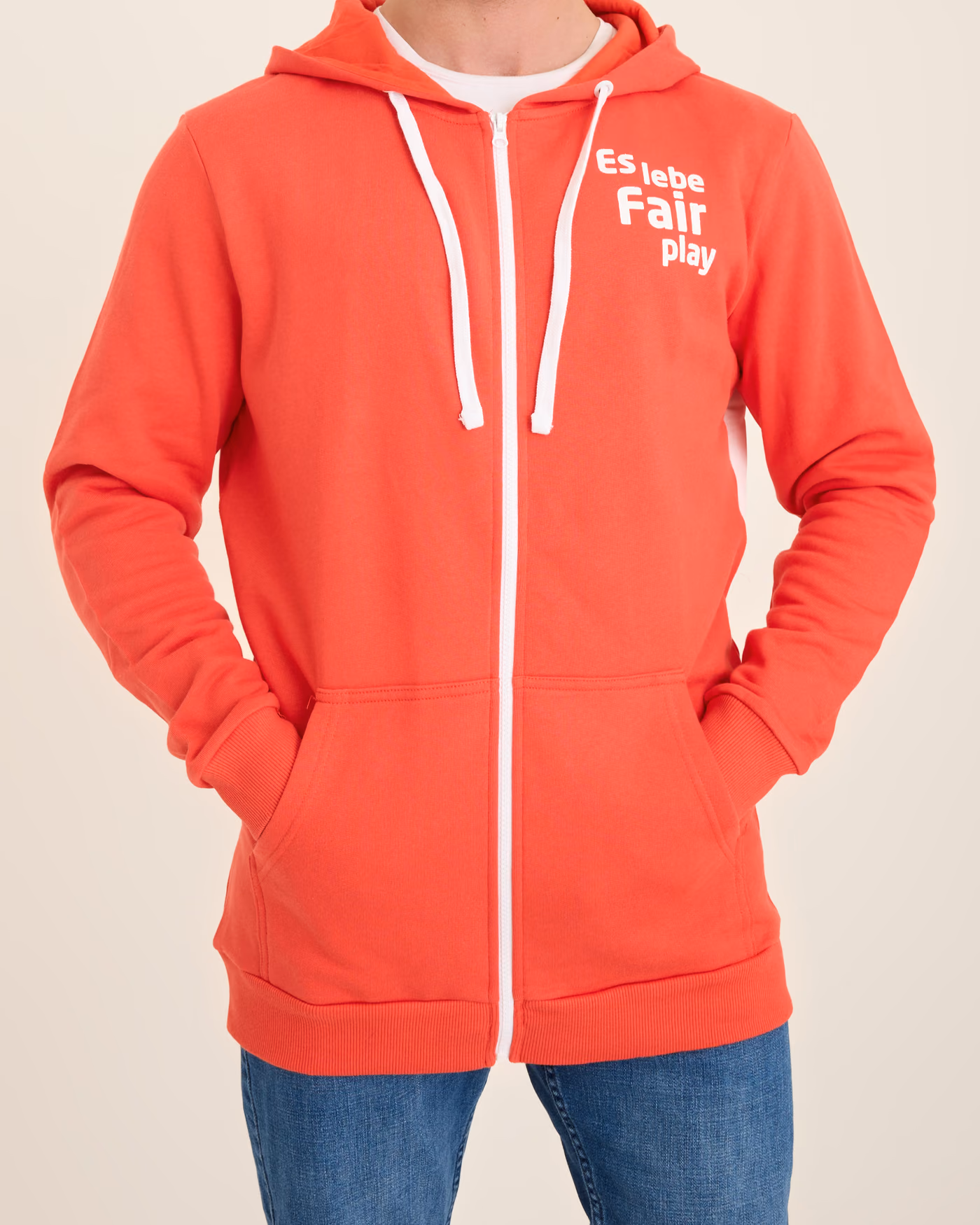 Felpa con cappuccio rossa con zip intera, coulisse, stampa sul petto, tasche, polsini in costina e fascia in costina al fondo